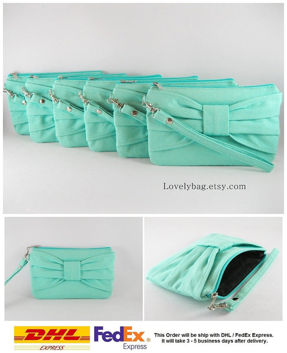 Wedding - Set of 6 Wedding Clutches, Bridesmaids Clutches / Mint Bow Clutches - MADE TO ORDER