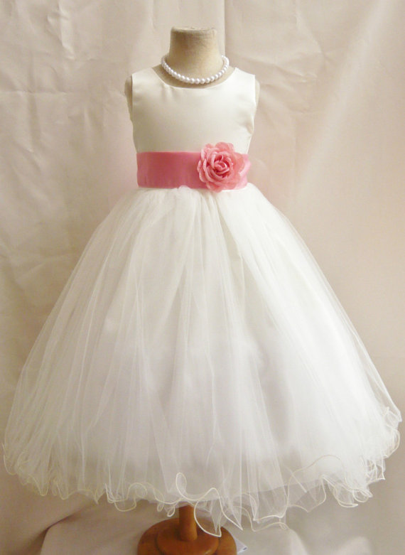 Hochzeit - Flower Girl Dresses - IVORY with Guava (FD0FL) - Wedding Easter Junior Bridesmaid - For Children Toddler Kids Teen Girls