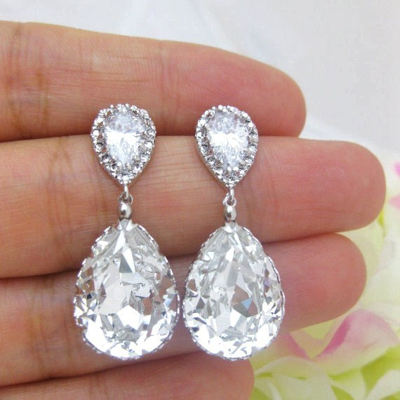 Mariage - Swarovski Crystal Teardrop Earrings Wedding Jewelry Bridesmaid Gift Bridal Earrings Bridesmaid Earrings (E008)