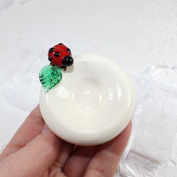 Wedding - Engagement ring dish, ceramic Lady bug ring holder, newlywed ladybug ring dish