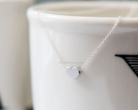 زفاف - Silver Heart necklace, Tiny heart necklace, silver heart on gold, silver chain...dainty, simple, birthday, wedding, bridesmaid gifts