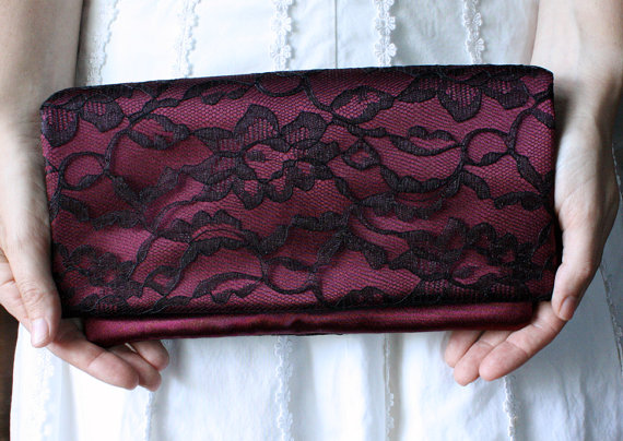 Wedding - 6 Wedding Clutches- 6 Dark Red and Black Lace Clutches, Burgundy Wedding Clutches, Bridesmaid Gift Idea, Personalized Bridesmaid Gift