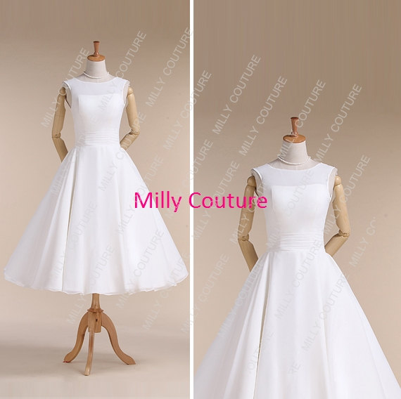 Wedding - 1950s chiffon tea length wedding dress, chiffon short wedding dress, wedding dresses 50s, sleeveless 50s vintage wedding dress, Vivian