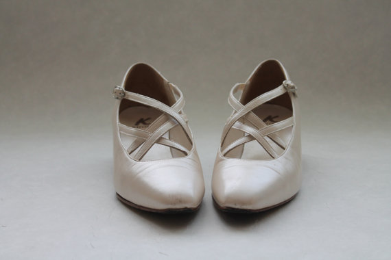 Wedding - White off Ivory Cream Genuine Leather Women Shoes  Wedding Bridal Victorian Shoes Criss Cross Straps Buckle Size 7.5