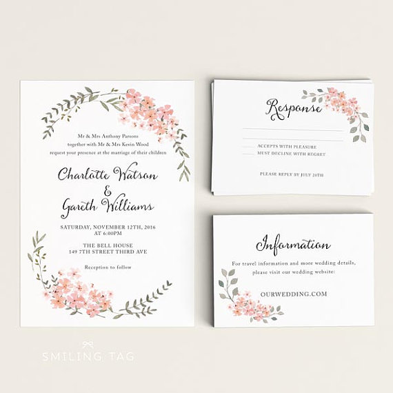 Hochzeit - Printable Wedding Invitation Set - Watercolor Floral Garden - Ready to Print PDF - rsvp card - Letter or A4 Size (Item code: P668)