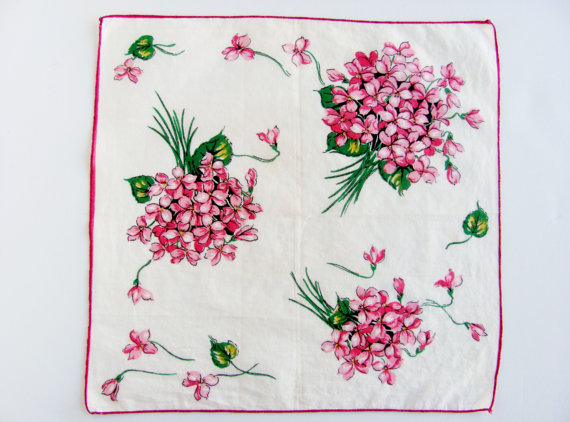 زفاف - Vintage Handkerchief Hanky Dark Pink And Green Bouquets On White Background With Dark Pink Edge 11 1/2 By 12 Inches Cotton Pretty Gift