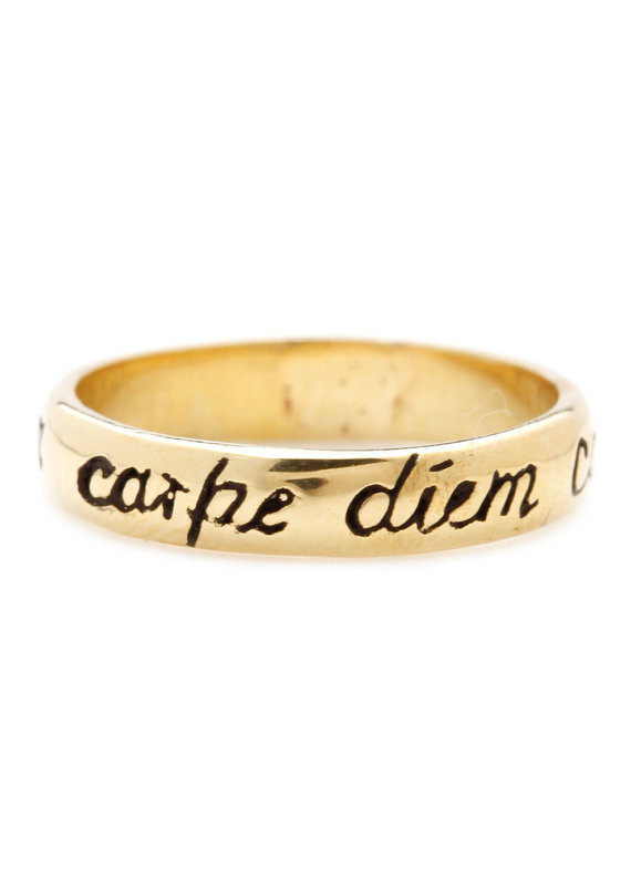 Hochzeit - Crape Diem Ring 14k Yellow Gold Wedding Band Scripted Jewelry