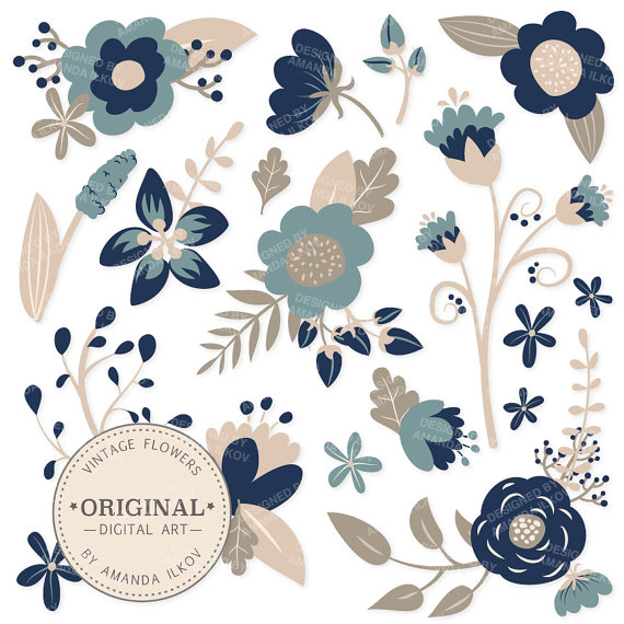 Mariage - SPRING SALE Premium Navy Blue Floral Clipart & Flower Vectors - Navy Flowers, Vintage Flowers, Flower Clip Art, Vector Flowers