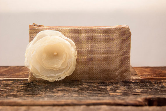 Mariage - Rustic burlap wedding Clutch Purse,  Bridesmaid Gift Idea Clutch, handmade Natural Burlap Gold Clutch Pouch/ Gift for her