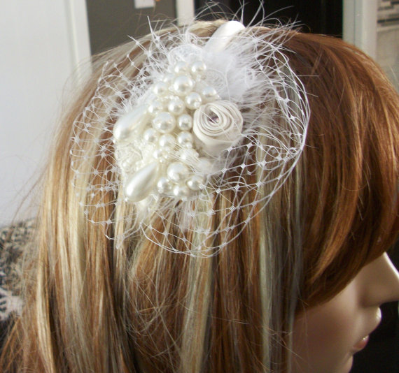 Wedding - Bridal headband white pearl veil tear drop pearls