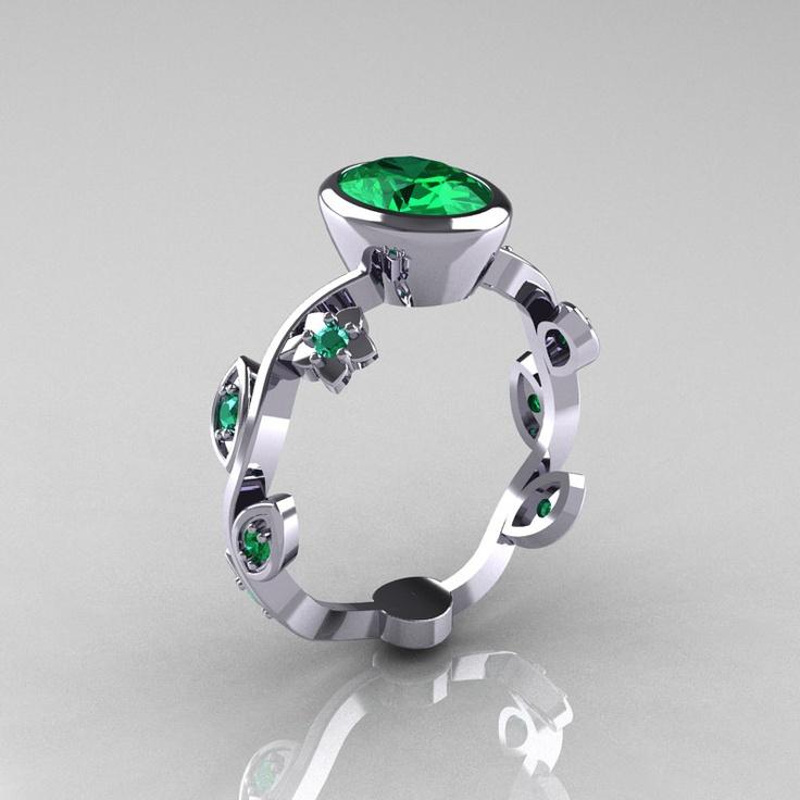 زفاف - Classic 950 Platinum 1.0 Carat Oval Emerald Flower Leaf Engagement Ring R159O-PLATEM