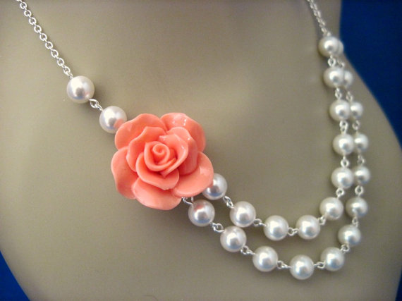 Mariage - Bridesmaid Jewelry Fashion Rose and Pearl Double Strand Necklace