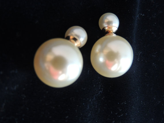 Wedding - Double Pearl Earrings, Bridal Pearl Earrings,tribal earrings,Double Side Shining Pearl,Oversize Pearl Earrings,Bridesmaid Gift