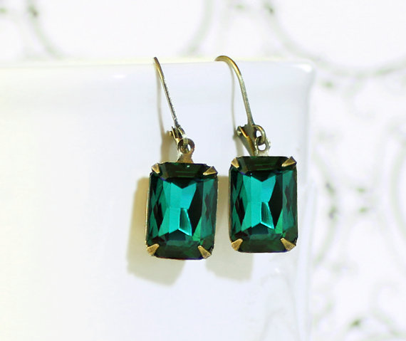 Wedding - Emerald Earrings, Emerald Green Crystal Rhinestone Earrings,  May Birthstone Gift Idea Prom Bridal Jewelry Christmas Green Earrings