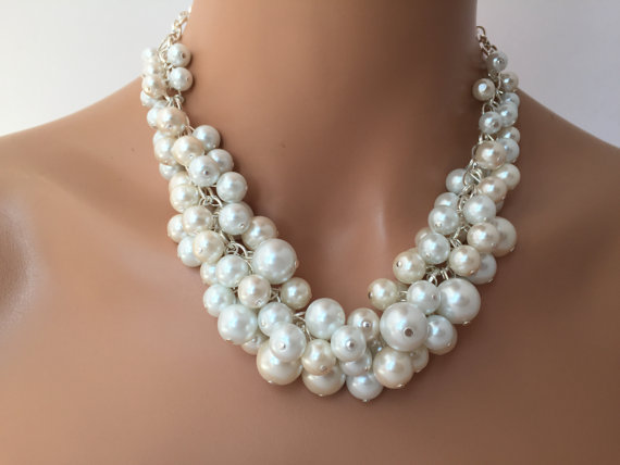 Свадьба - special 24 dollars Ivory and White Cluster Necklace, Bridal Jewelry, Off White Necklace, Chunky Pearls, Pearl Cluster Necklace