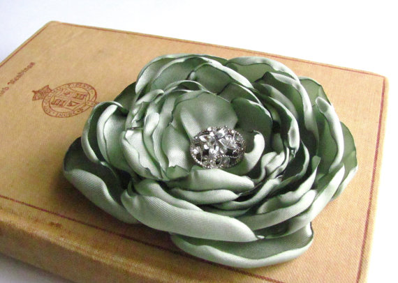 Mariage - Sage Green Flower Hair Clip. Bridesmaid. Headpiece. Satin Pin. Wedding Brooch. Corsage. bridal. flower pin. flower brooch. hair accessory
