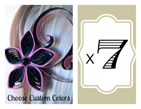 Hochzeit - 7 Black and Pink Wedding Hair Accessories, Pink and Black Wedding Hair Clips, 7 Bridesmaids