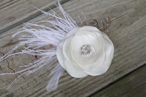 Hochzeit - Bridal Hair Flower - Bridal Hair Accessory - Light Ivory - Satin Flower Clip  - Ostrich Feather Flower - Birdcage Veil Netting -  Rhinestone