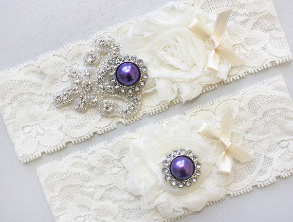 Hochzeit - NIKKITA - Purple Pearl Chiffon Roses Vintage Inspired Wedding Ivory Lace Garters, Rhinestone Crystal Bridal Garter Set