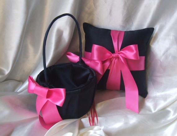 Свадьба - Custom Colors Flower Girl Basket and Romantic Satin Ring Bearer Pillow Combo...You Choose The Colors..Shown in midnight blue/hot pink