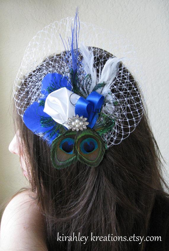 Mariage - ROYAL CAPRICE -- Bridal Wedding Peacock Feather Fascinator Headpiece Hair Clip w/ Russian Birdcage Veiling, Customize in Your Wedding Colors