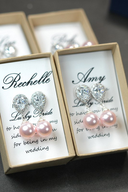 زفاف - Pearl Bridal Earrings Soft Pink Blush Pearl Earrings Cubic Zirconia Sterling Silver Post Wedding Jewelry Bridesmaid Gift Pastel Rose Jewelry