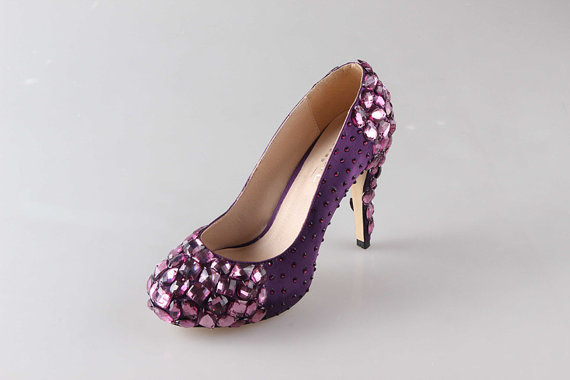 زفاف - 2014 purple prom shoes, bling wedding shoes,crystal prom shoes, Custom any color shoes in handmade