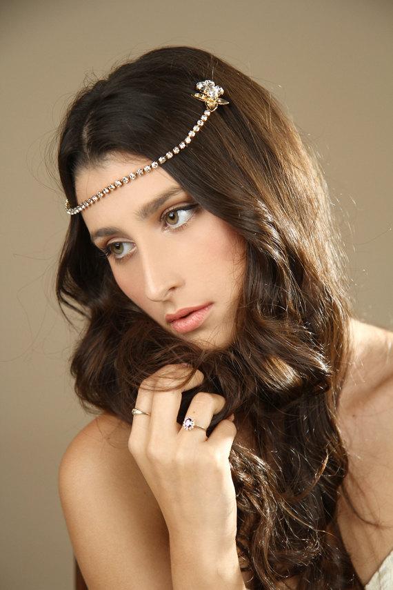 Hochzeit - wedding gold hair chain/ Gold Crystal Rhinestone hair chain/ Boho Chain Hair accessories/ Bridal hair chain Headband/ Wedding crown