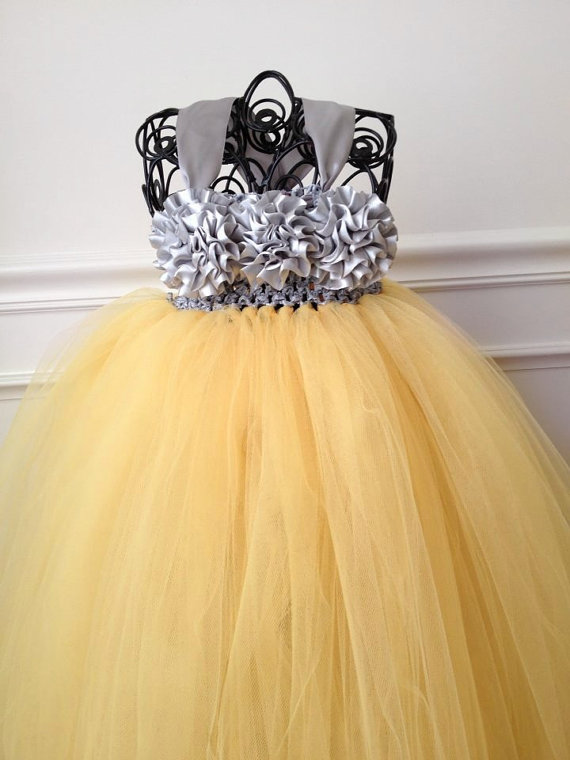 Mariage - Yellow and Gray Flower Girl Dress