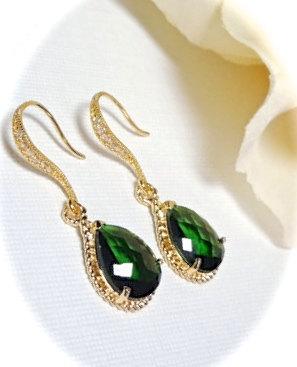 زفاف - Emerald earrings - Czech glass -14k Gold over Sterling Cubic Zirconia encrusted earwires - Beautiful high Quality jewelry -