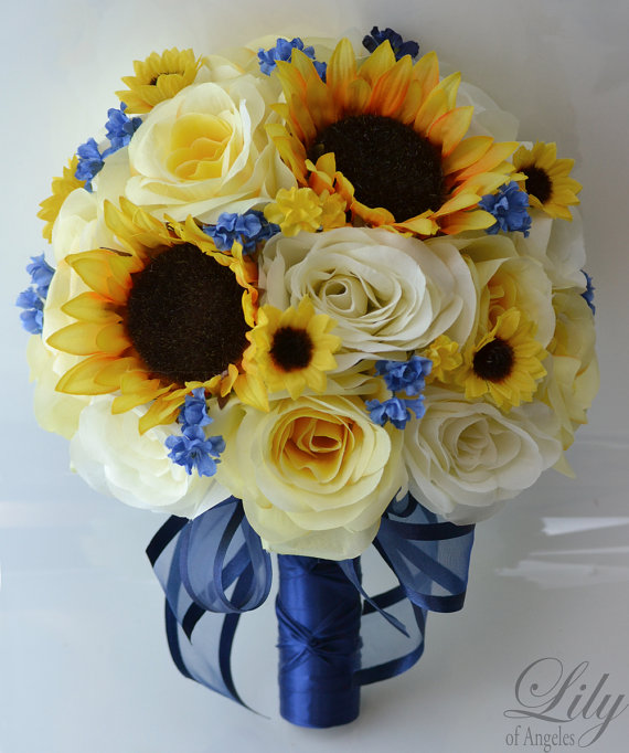 زفاف - 17 Piece Package Silk Flower Wedding Decoration Bridal Bouquet Sunflower YELLOW IVORY Dark BLUE "Lily Of Angeles"