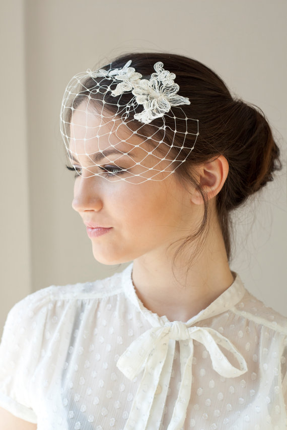 زفاف - Lace birdcage veil, petite birdcage veil with ivory silver lace, Wedding Veil