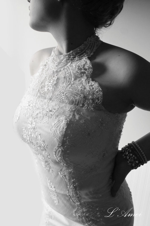 زفاف - Custom Made Fitted Long Princess Style High-Neck Soft Lace Wedding Dress Adorned with Beads and Crystals