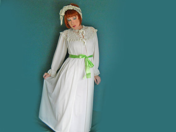 Mariage - Vintage 50s Nylon Dressing Gown - 1950s White Long Robe