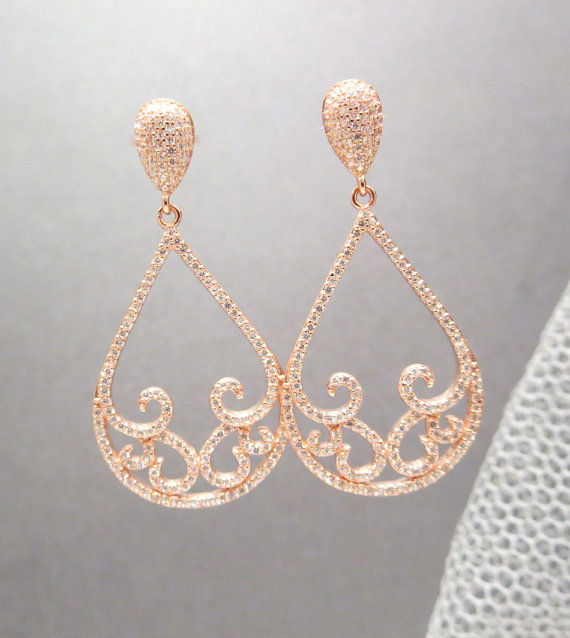 Hochzeit - Rose Gold Bridal earrings, Rose gold Wedding earrings, Wedding jewelry, Teardrop earrings, Rose gold chandelier earrings, Bridal jewelry