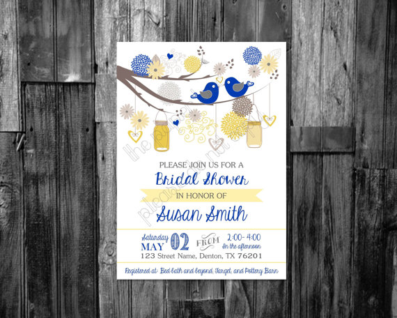 Wedding - Wedding Shower Invite, Baby shower invite, Blue and yellow invitation featuring flowers and birds, Digital download