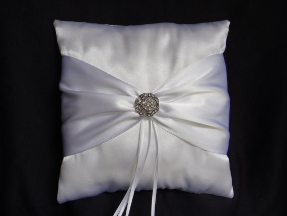 Hochzeit - White White Square Satin Ring Bearer Pillow Bow Rhinestone Rhinestones Wedding Bridal