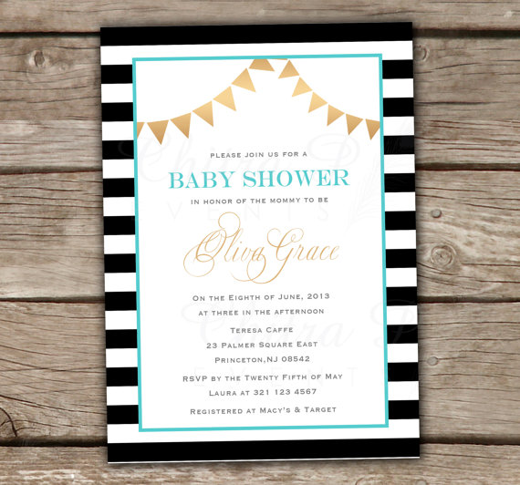 زفاف - Gold & Black Baby Shower Invitation - Printed or Printable, Bridal White Engagement Couple Bunting Chic Gender Neutral Blue Pink - #005