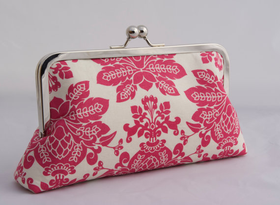 Wedding - Fuchsia Pink Clutch Handbag For Bridesmaids Wedding Party Gift or Holiday Gift in Hot Pink Damask- Ready to Ship