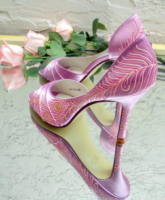 Wedding - Pink Bridal Shoes , painted Peacock Feather , Sale shoes, pink wedding shoes, Honeysuckle , Feathered Deborah