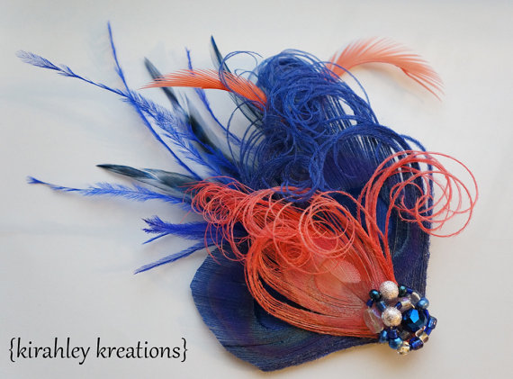 Hochzeit - EVELYN -- Royal Cobalt Blue, Coral Salmon Pink Peacock Feather Bridesmaid Bride Wedding Hair Clip Fascinator Something Blue Prom Headpiece