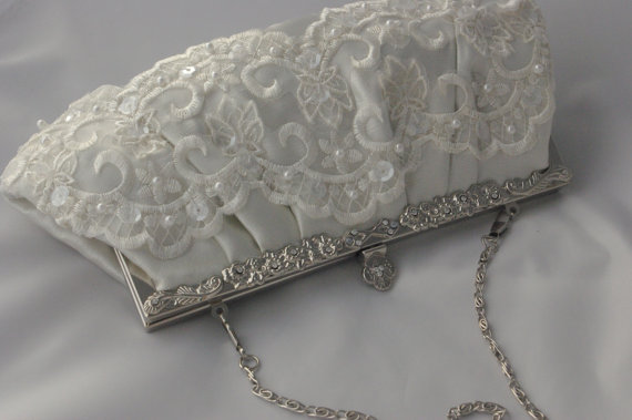 Wedding - Lace Bridal Clutch - Ivory Satin and Lace Bridal Handbag - Wedding Clutch Bag - Sequin and Pearl Bridal Clutch - Ivory Bridal Clutch Formal