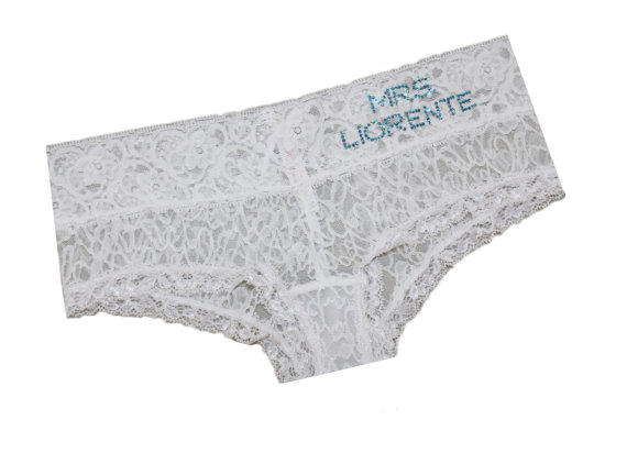 Hochzeit - Mrs. Personalized Custom Crystal Lace Hot Short panty for the bride, bridal shower gift, wedding lingerie and honeymoon.