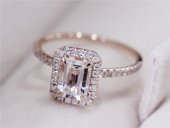 Mariage - VS 5x7mm Pink Morganite Ring 14K Rose Gold Ring Emerald Cut Morganite Wedding Ring Diamond Engagement Ring Gemstone Ring