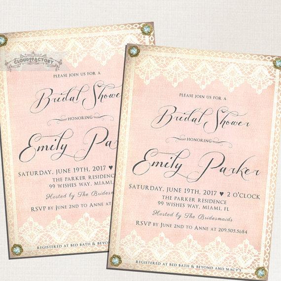 Wedding - Blush Pink Bridal Shower Invitations Vintage Lace Gold and BLING Formal High Tea Luncheon Brunch Digital Printable File or Printed No.780