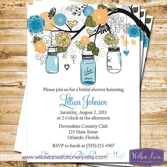 Wedding - Bridal Shower Invitation - Mason Jar Bridal Shower Invite - Orange Green Blue Mason Jar - Wedding - Rustic Barn Wedding - 1142 PRINTABLE
