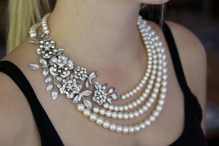 Wedding - Bridal Statement Necklace Wedding Pearl Necklace Vintage Flowers And Leaves Wedding Jewelry Crystal Pearl Necklace LISSE