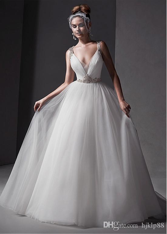 Hochzeit - 2015 New Gorgeous Tulle V-neck Neckline Natural Waistline Ball Gown Wedding Dress With Rhinestones Online with $124.61/Piece on Hjklp88's Store 