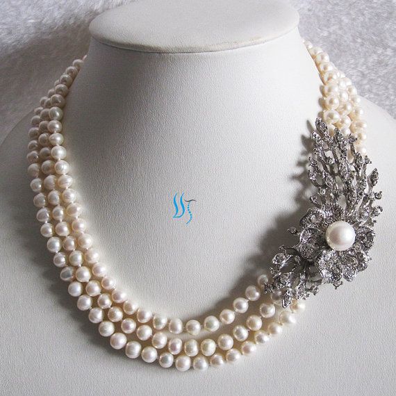 زفاف - Pearl Statement Necklace, Wedding Necklace, Bridal Necklace - 18-20 Inches White Pearl Statement Necklace With Flower M3 - Free Shipping
