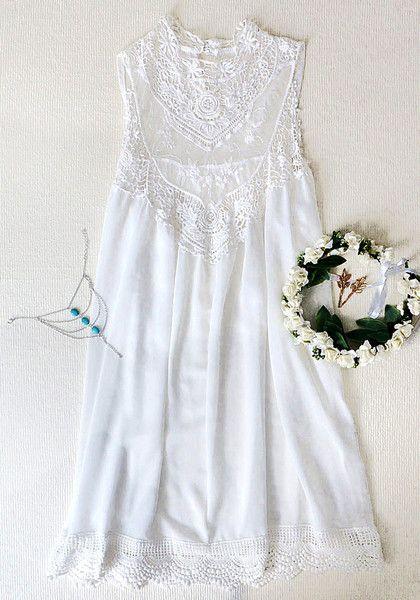 Mariage - Lace Chiffon Mini Dress - White